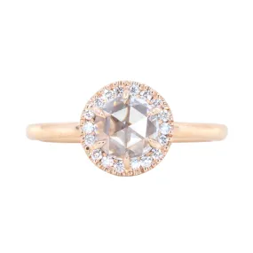 0.59ct White Rosecut diamond in 14k Rose Gold Low Profile 6 Prong Halo Evergreen Setting