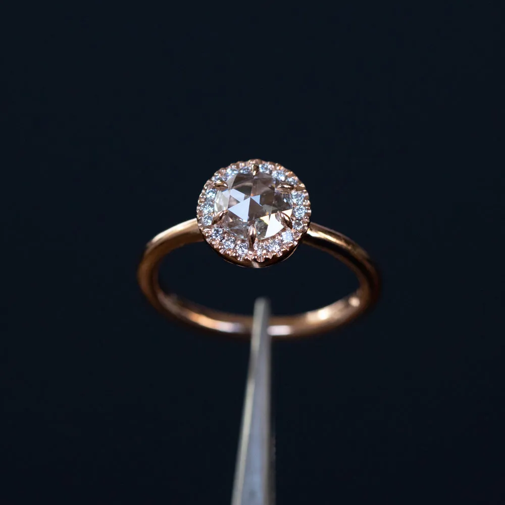 0.59ct White Rosecut diamond in 14k Rose Gold Low Profile 6 Prong Halo Evergreen Setting