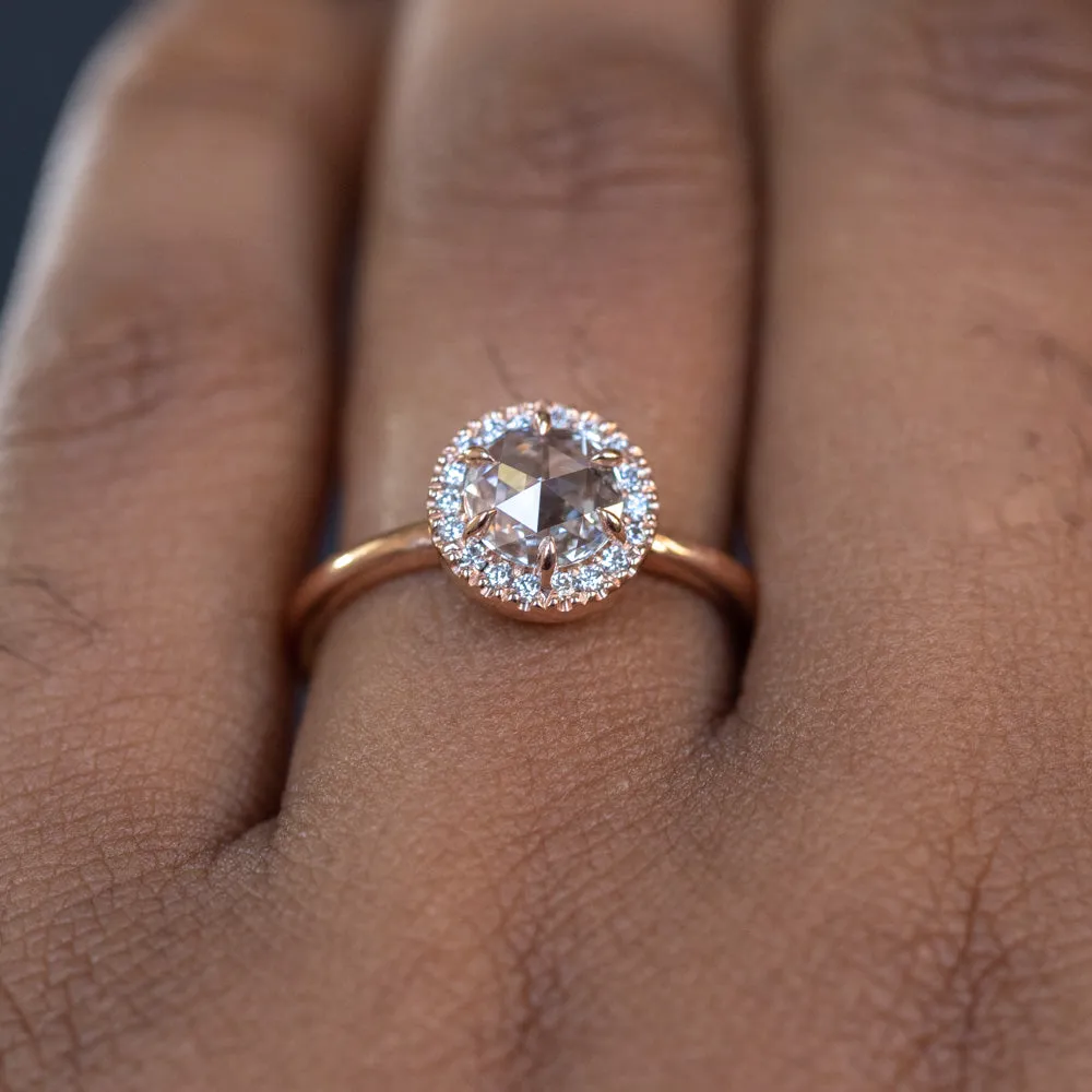 0.59ct White Rosecut diamond in 14k Rose Gold Low Profile 6 Prong Halo Evergreen Setting