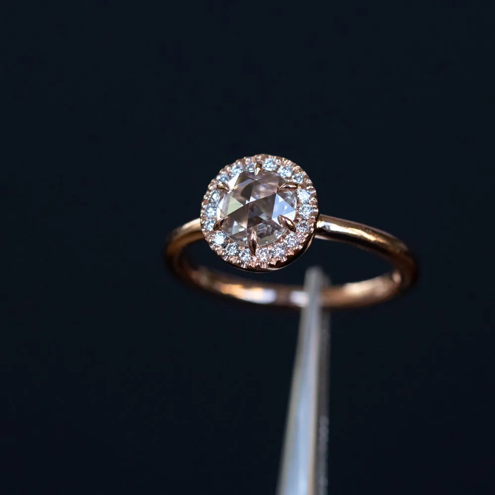 0.59ct White Rosecut diamond in 14k Rose Gold Low Profile 6 Prong Halo Evergreen Setting