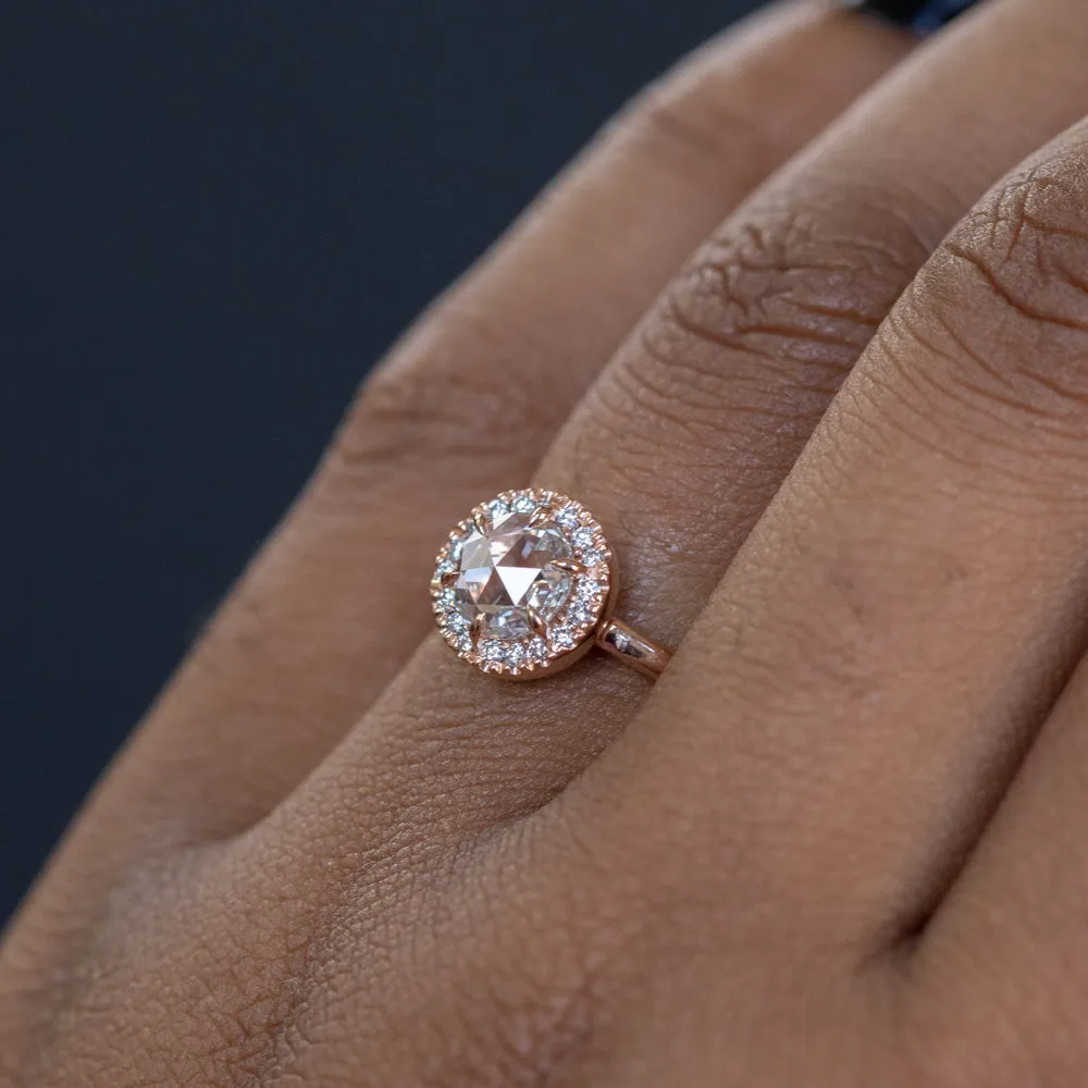 0.59ct White Rosecut diamond in 14k Rose Gold Low Profile 6 Prong Halo Evergreen Setting