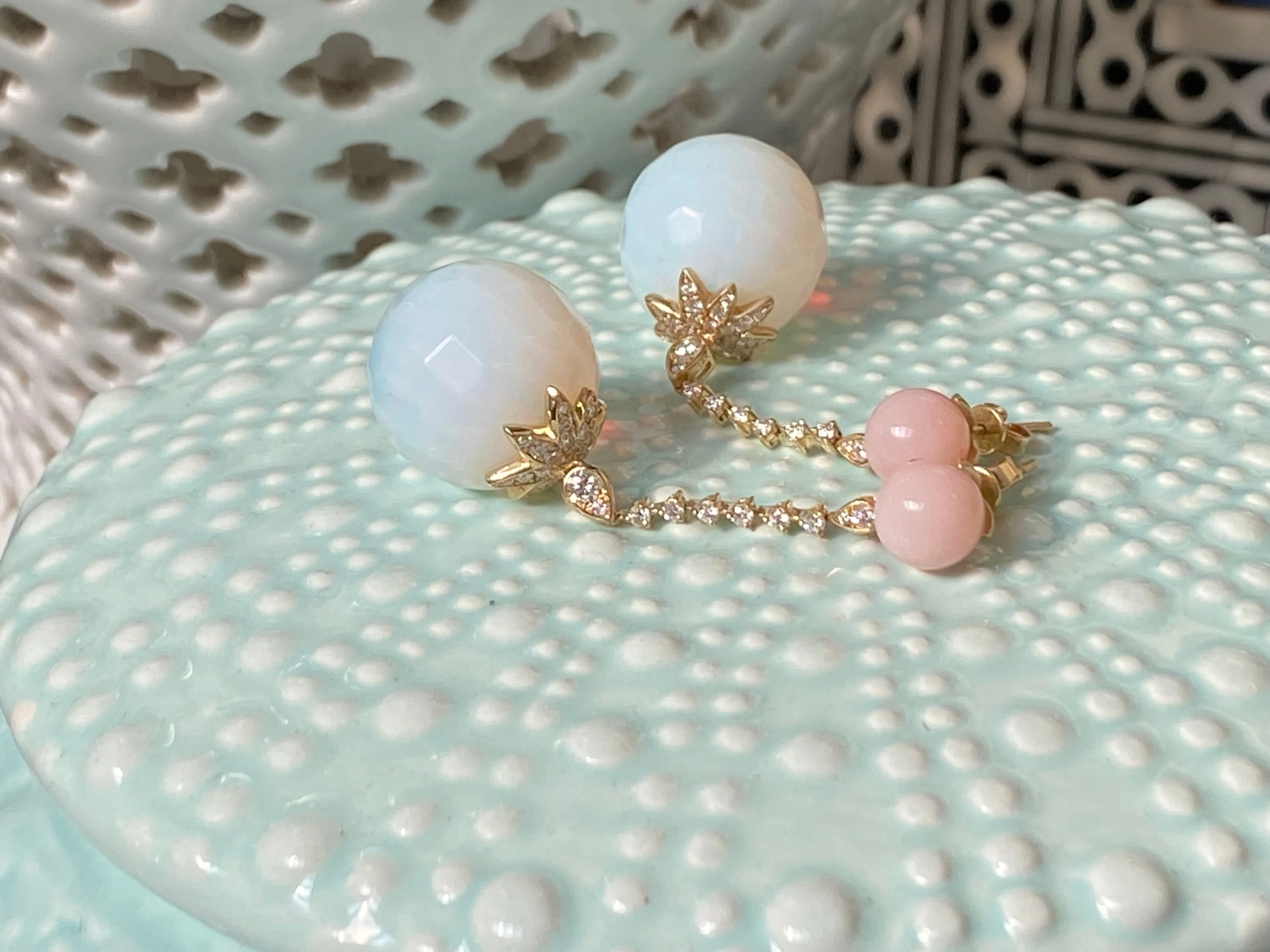 14K Opalite, Pink Opal and Diamond Disco Ball Earrings