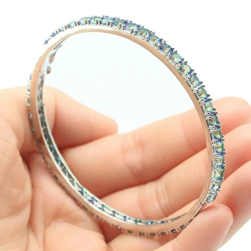 18k White Gold Plated Mystic Topaz Hinged Bangle Bracelet