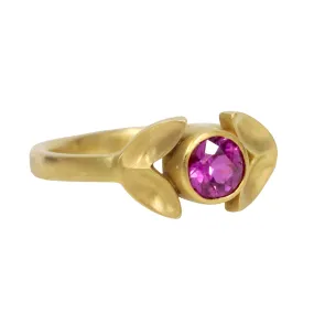 20K Gold Laurel Ring with Bezel-Set Pink Sapphire Center