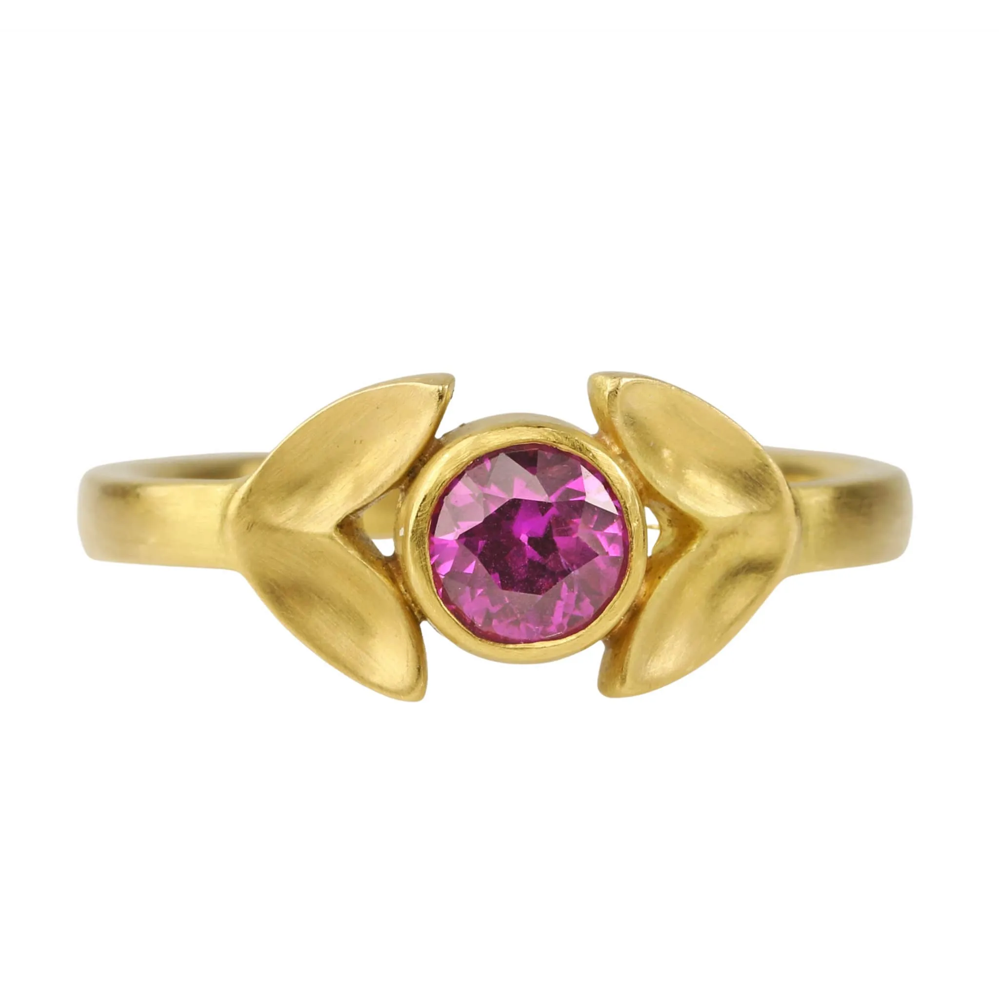 20K Gold Laurel Ring with Bezel-Set Pink Sapphire Center