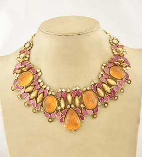 21A120 Orange and Pink Stone Heavy Gold Plated Necklace