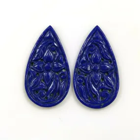 29.00cts Natural Untreated Blue LAPIS LAZULI Gemstone Hand Carved Pear Shape 34*29mm Pair For Earring