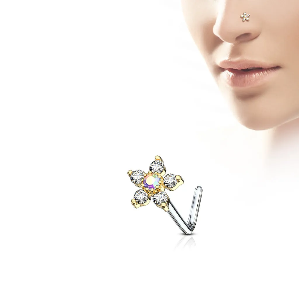 316L Surgical Steel with 6 C.Z Flower L Bend Nose Stud Ring