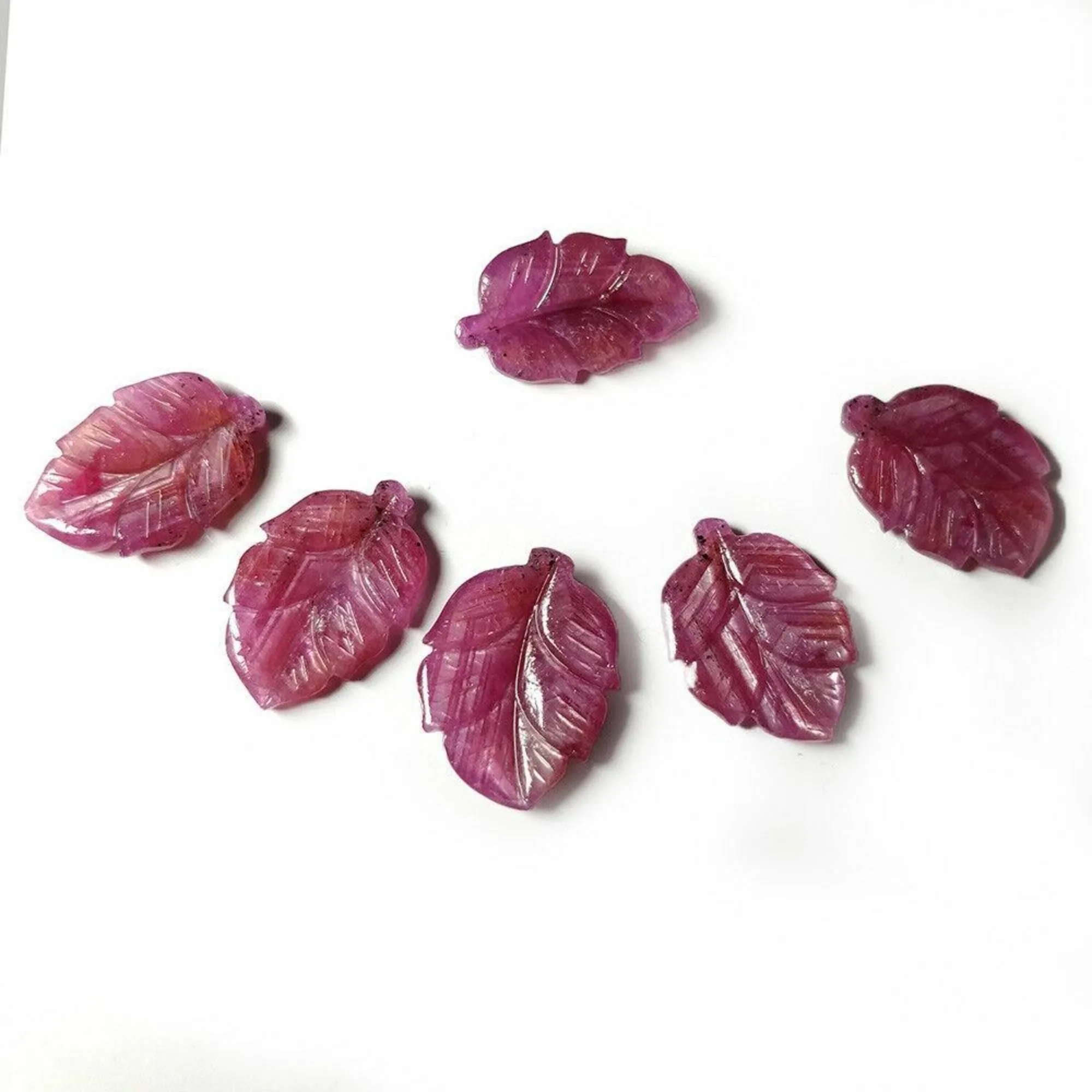 43.50cts Natural Untreated ROSEMARY SHEEN PINK SAPPHIRE Gemstone Hand Carved Indian LEAVES 19*12mm - 19*15mm 6pcs For Jewelry