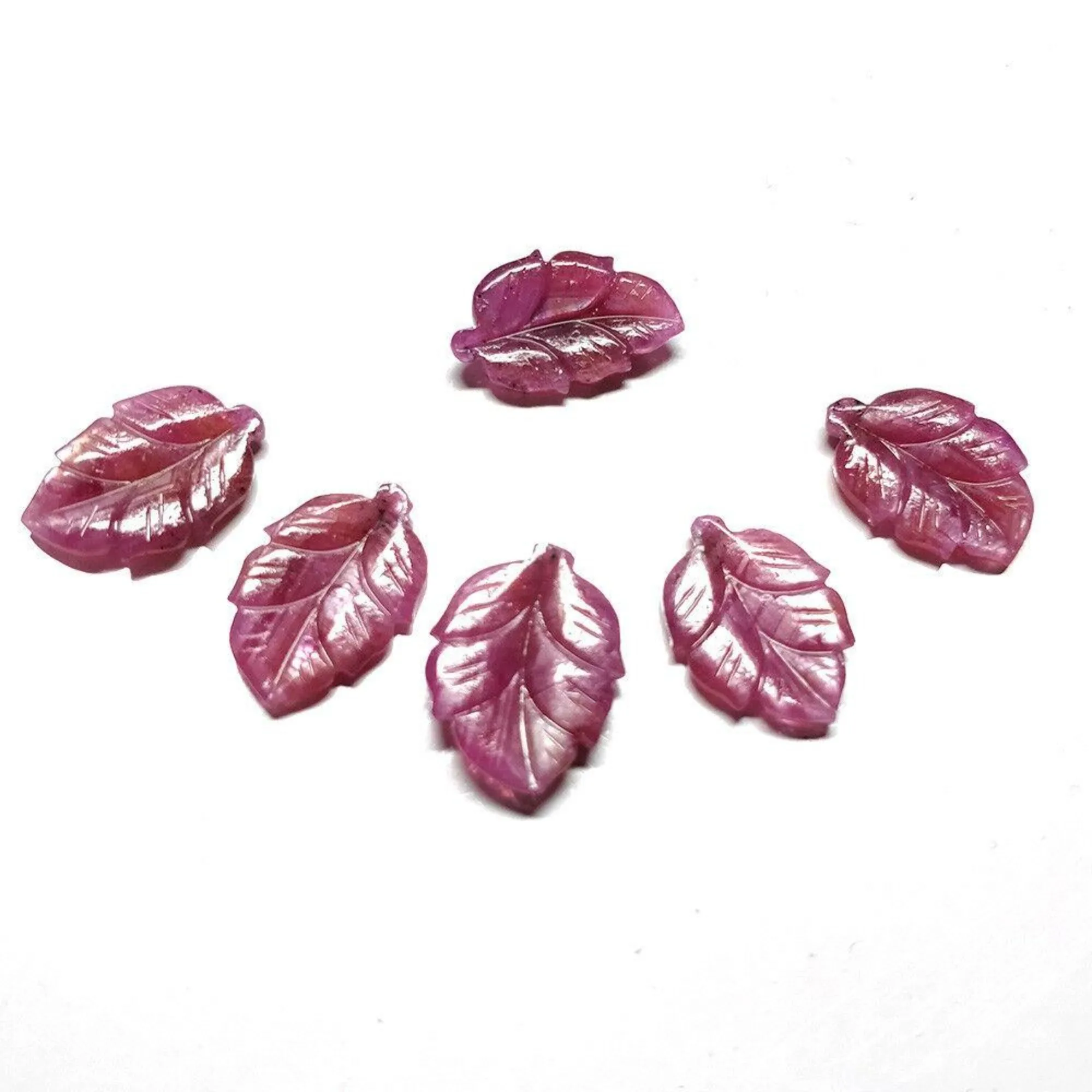 43.50cts Natural Untreated ROSEMARY SHEEN PINK SAPPHIRE Gemstone Hand Carved Indian LEAVES 19*12mm - 19*15mm 6pcs For Jewelry