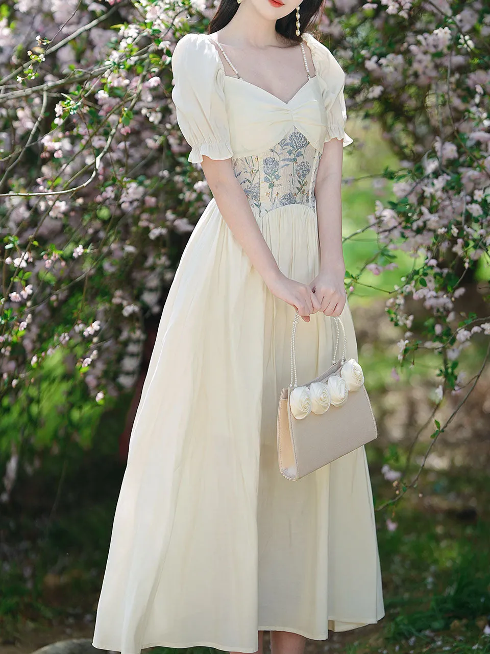 Apricot Lace V Neck Puff Sleeve Corset Edwardian Revival Dress