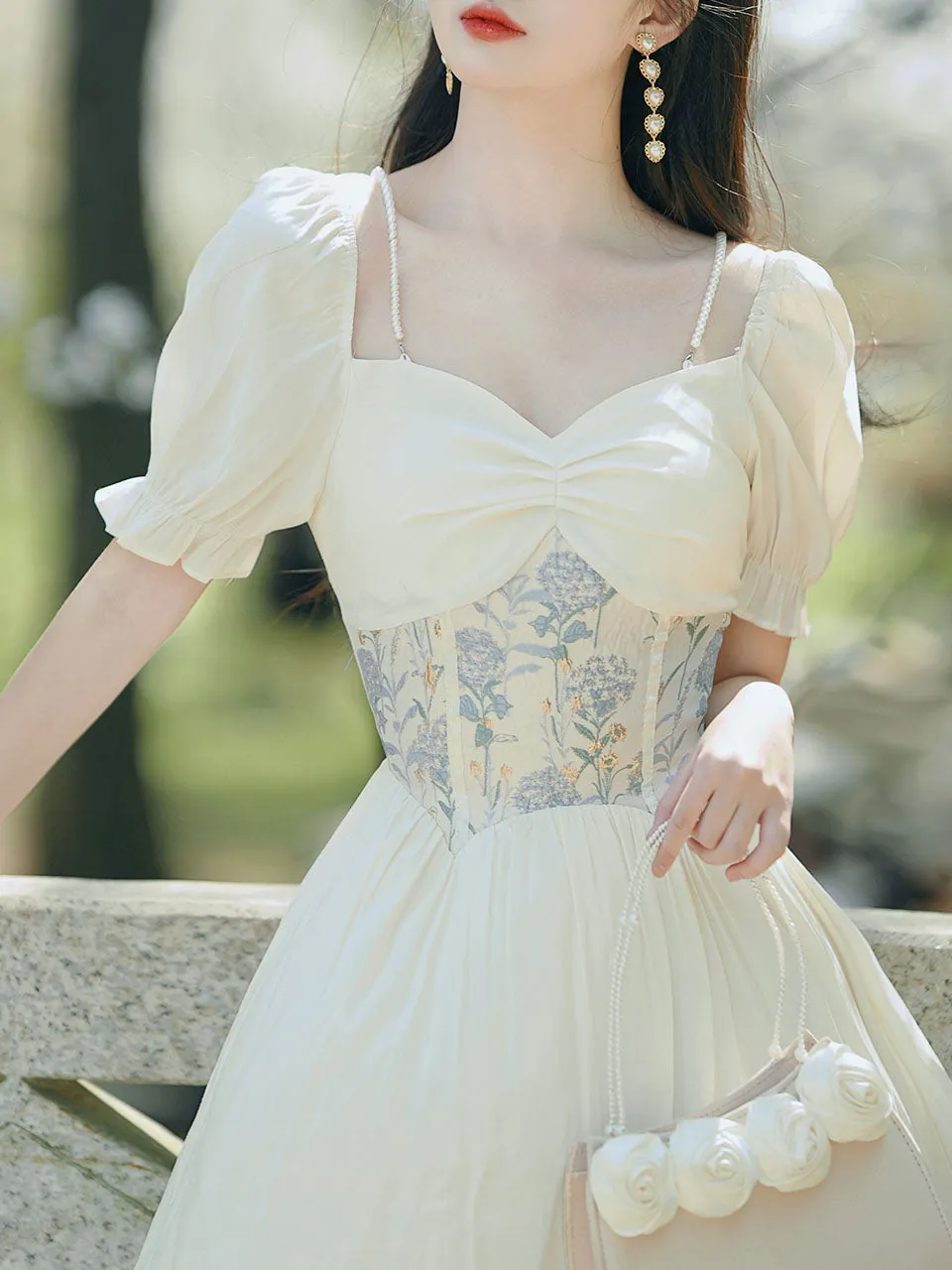 Apricot Lace V Neck Puff Sleeve Corset Edwardian Revival Dress