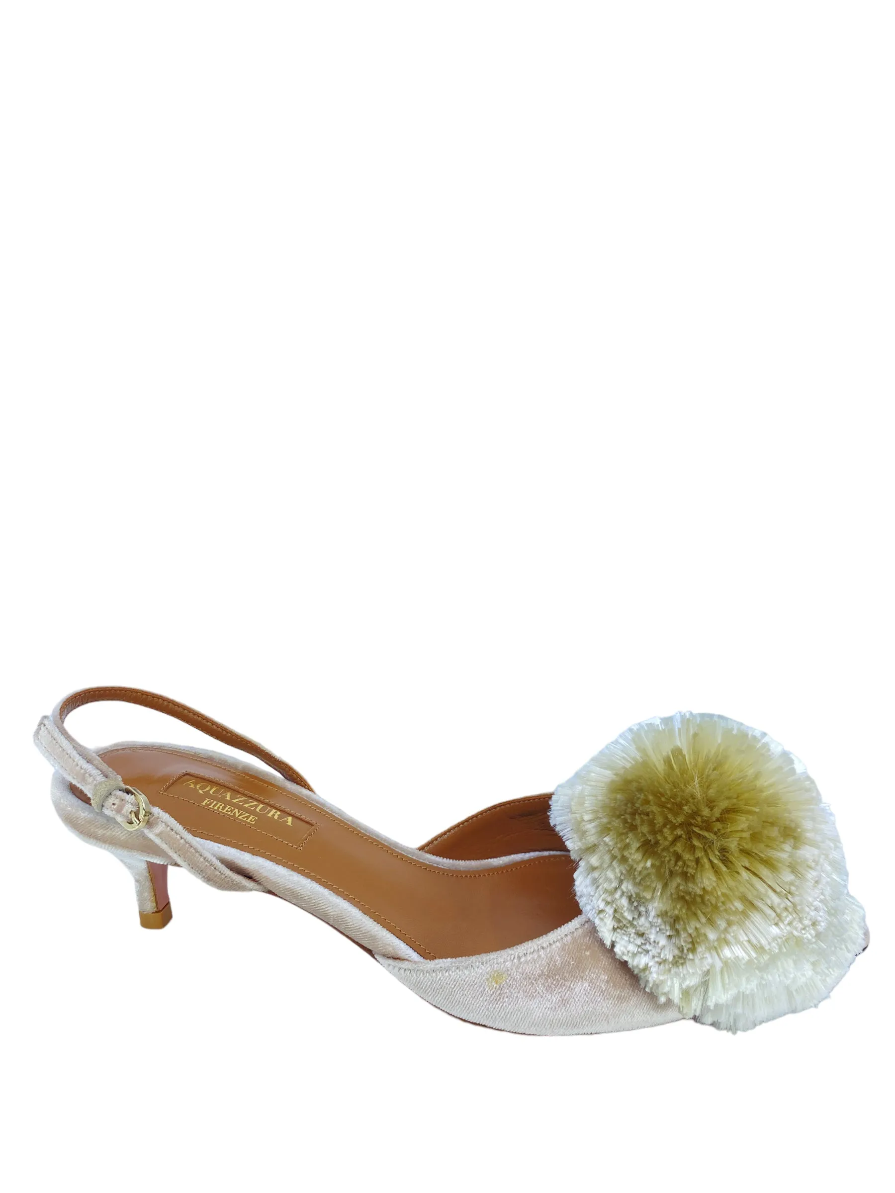 Aquazzura Powder Puff Pompom-Embellished Slingback Pumps in Light Grey Velvet size IT 35