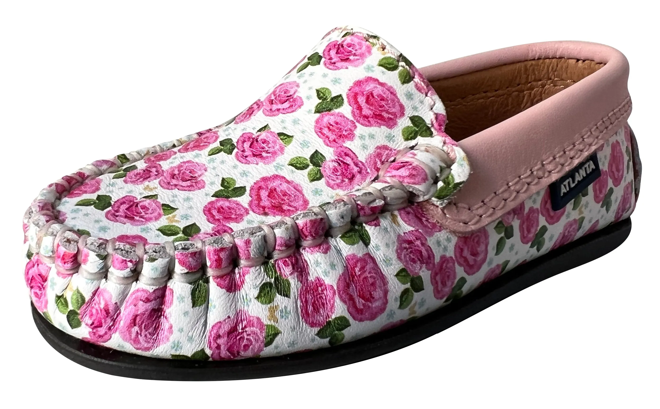 Atlanta Mocassin Girl's Roses Penny Loafers, White/Pink