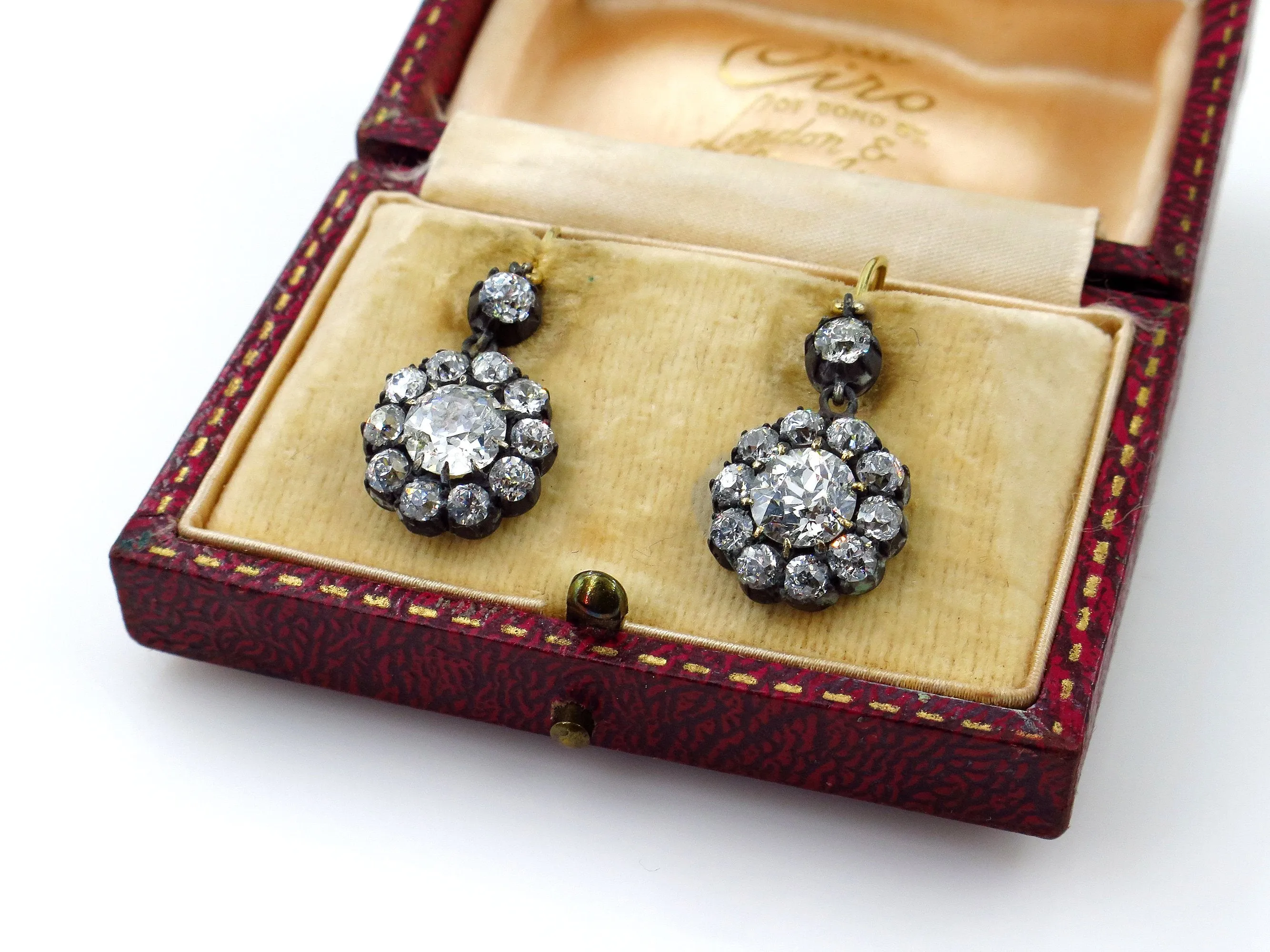 Authentic GIA 6.00ct Antique Victorian Old Euro Diamond Cluster Dangling Earrings