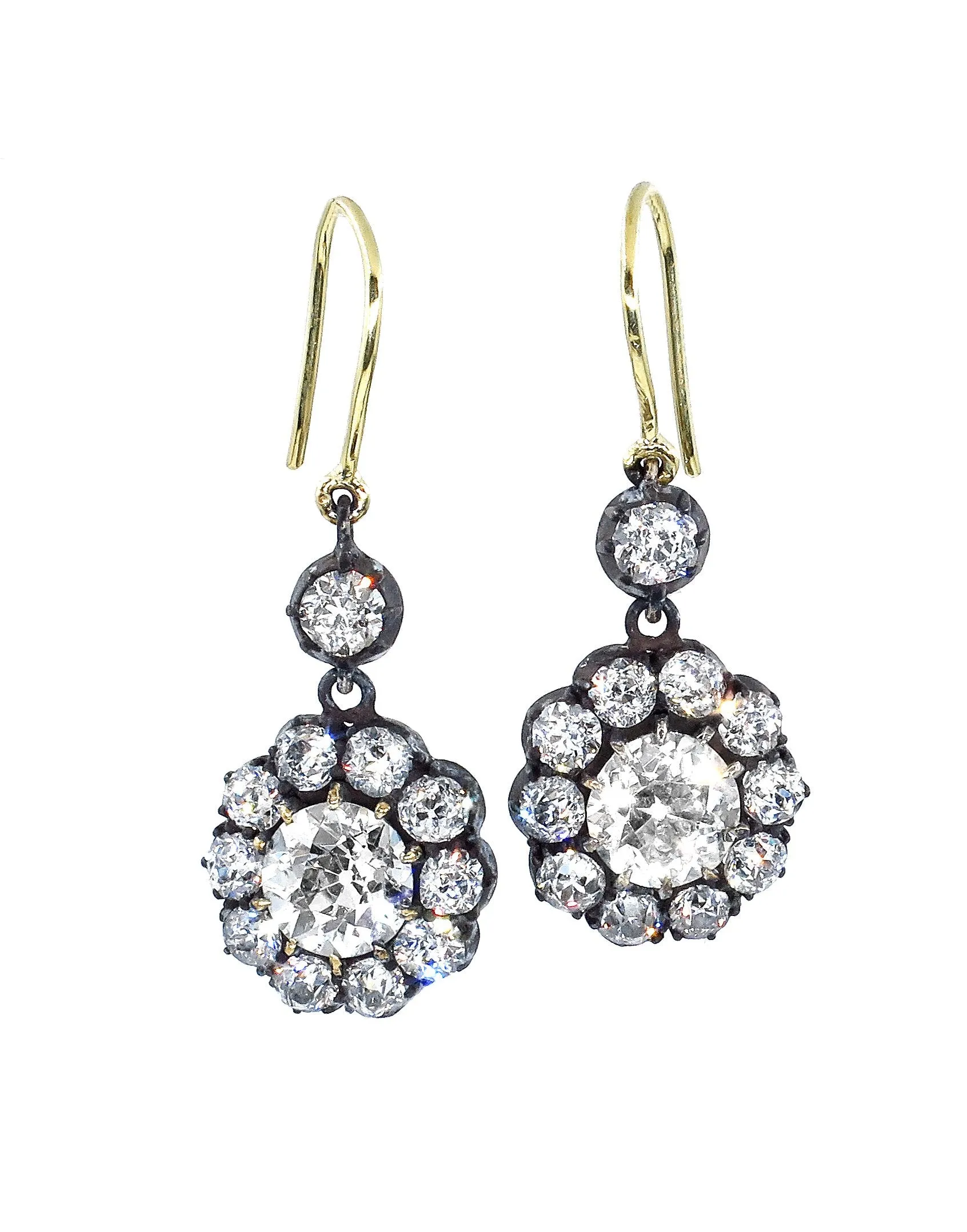 Authentic GIA 6.00ct Antique Victorian Old Euro Diamond Cluster Dangling Earrings