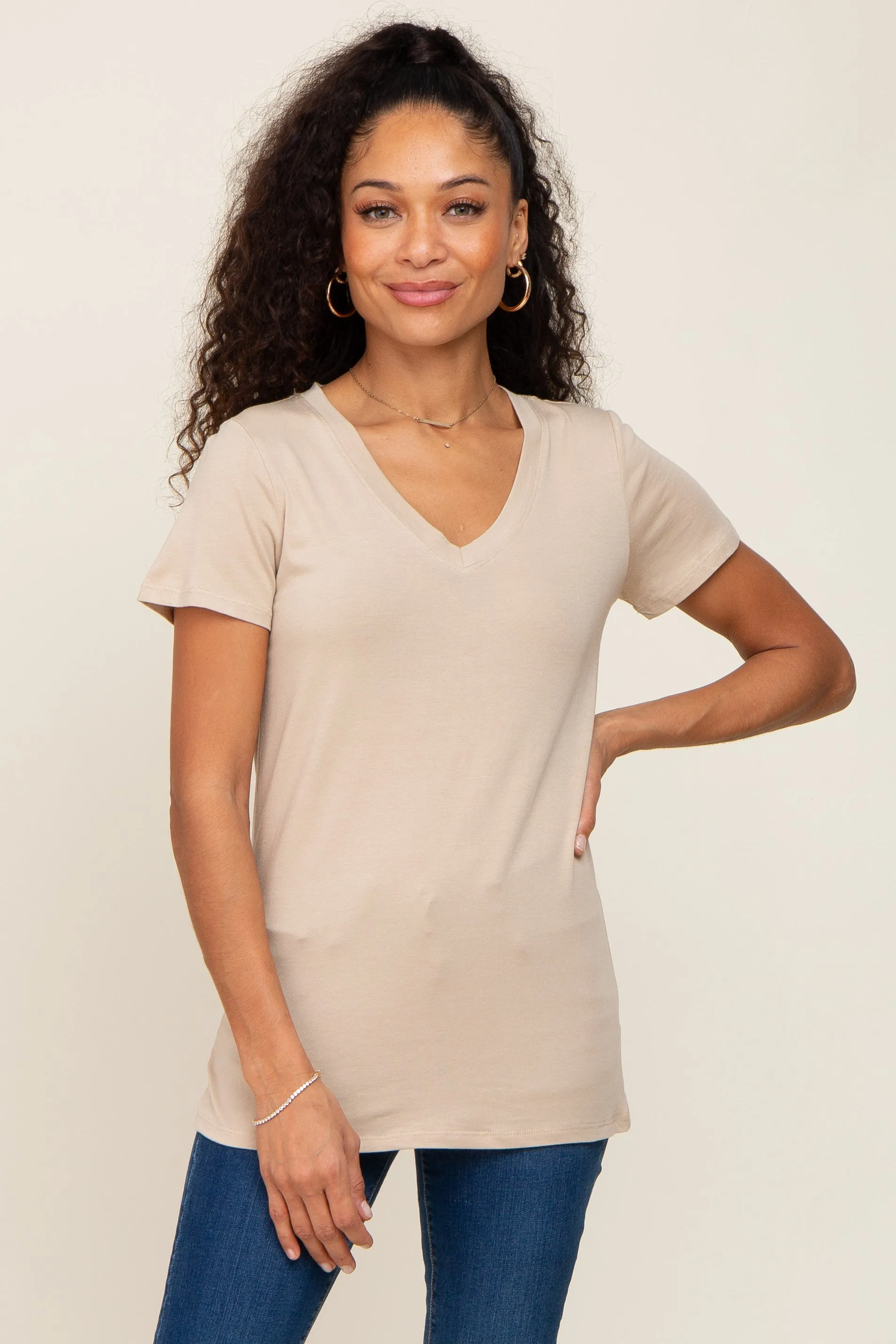 Beige Basic V-Neck Tee