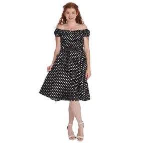 Black & White Polka Dot Bardot Neckline Puff Sleeve 50s Swing Dress