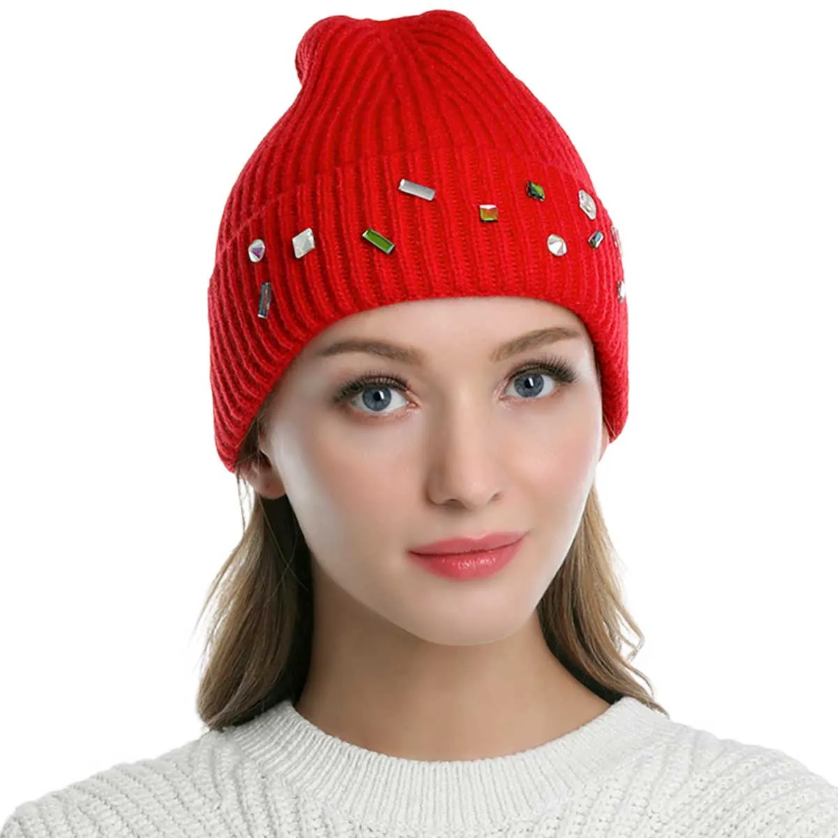 Bling Stone Embellished Knit Beanie Hat