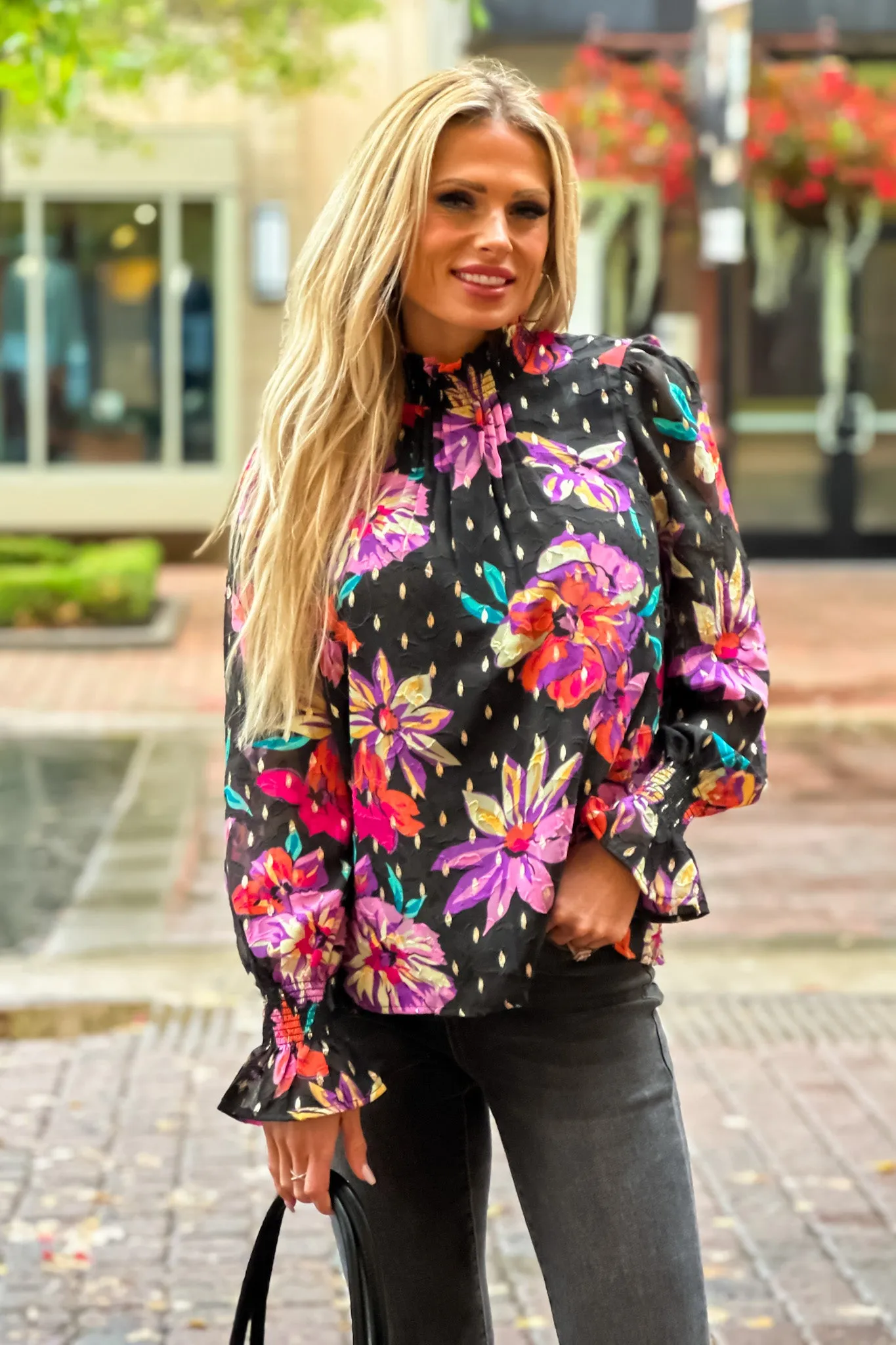 Blossoming Beauty Floral Smocked Ruffle Neck Top : Black/Multi