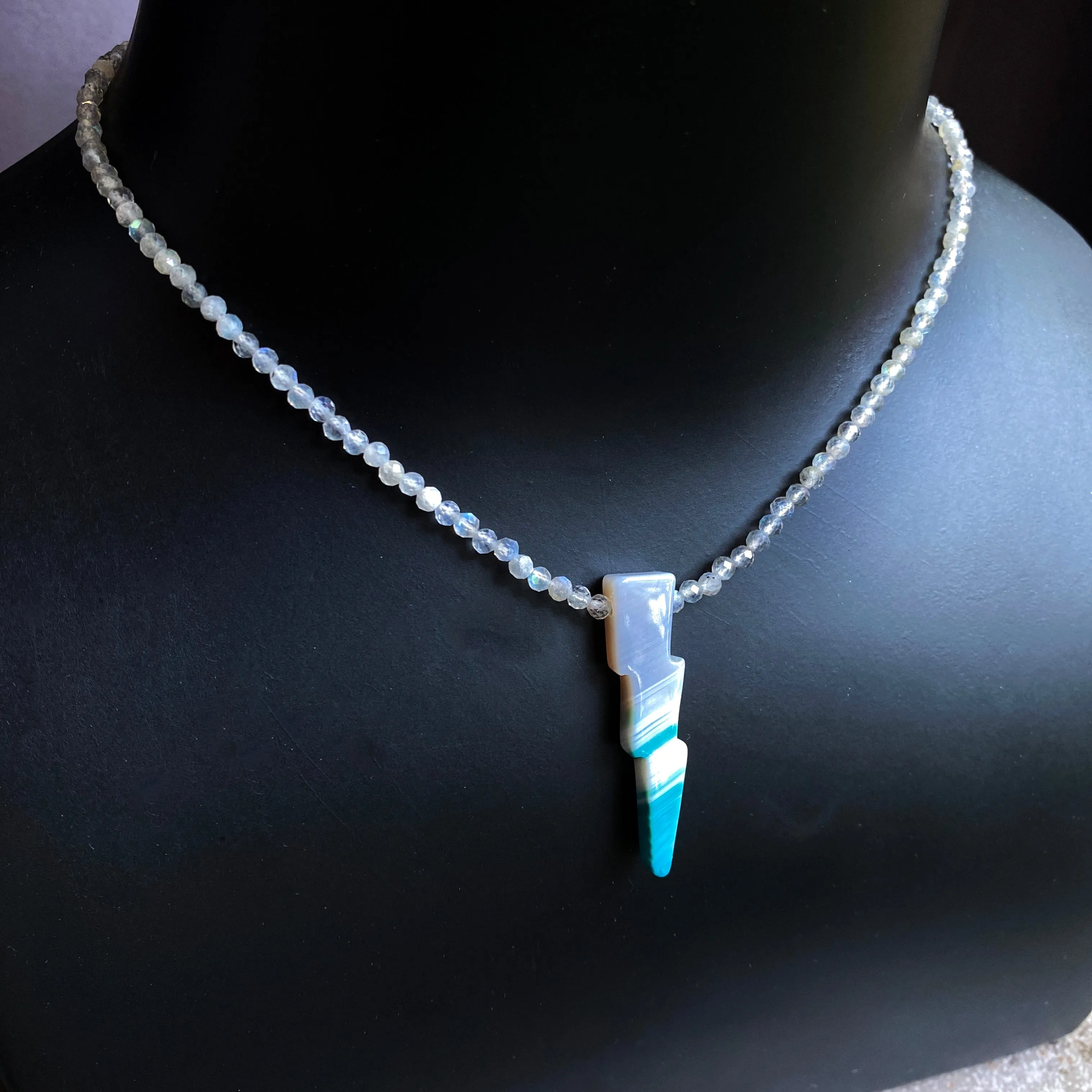 Blue banded Agate Bolt and labradorite gemstones necklace