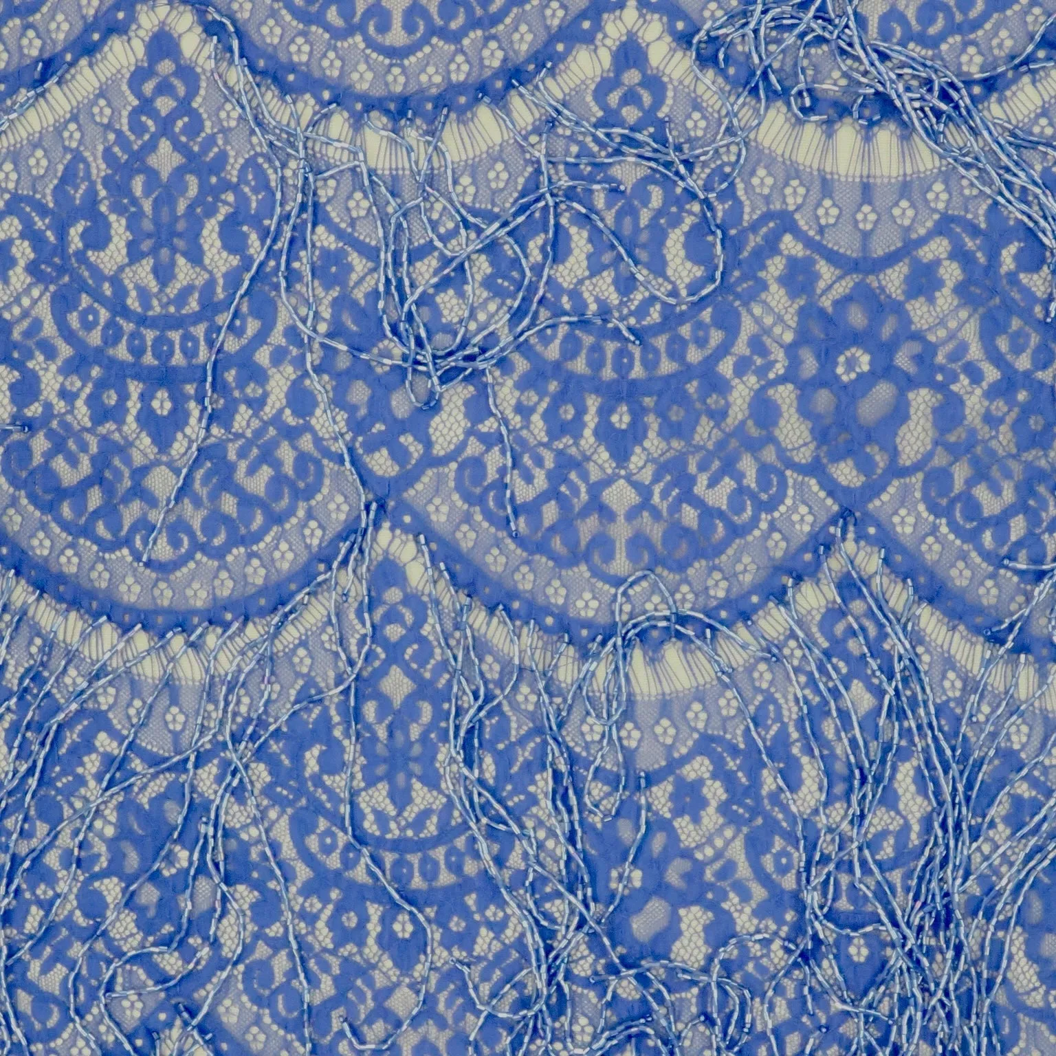 Blue Lace with Blue Bugle Beads Fringes Design Embroidered Fabric