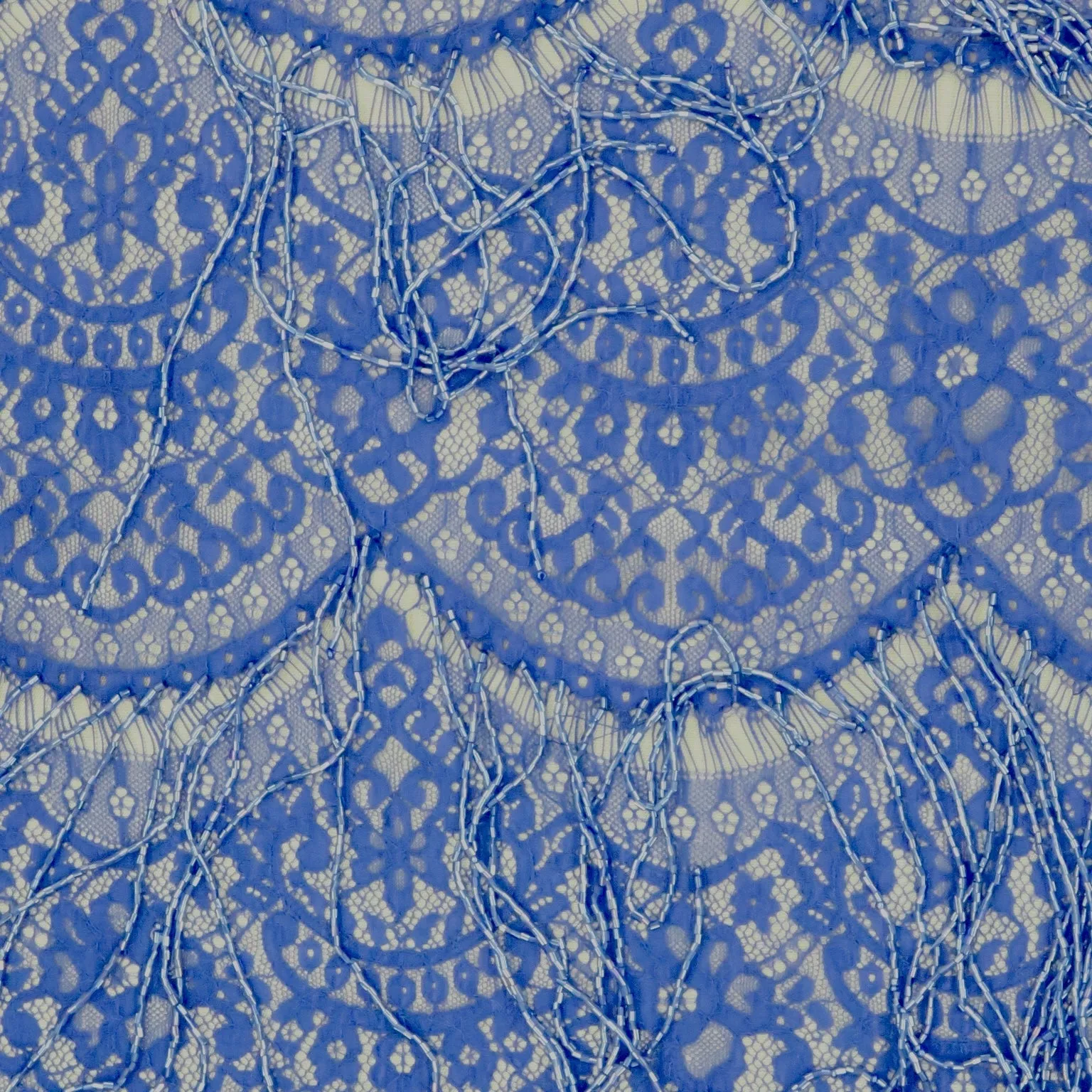 Blue Lace with Blue Bugle Beads Fringes Design Embroidered Fabric