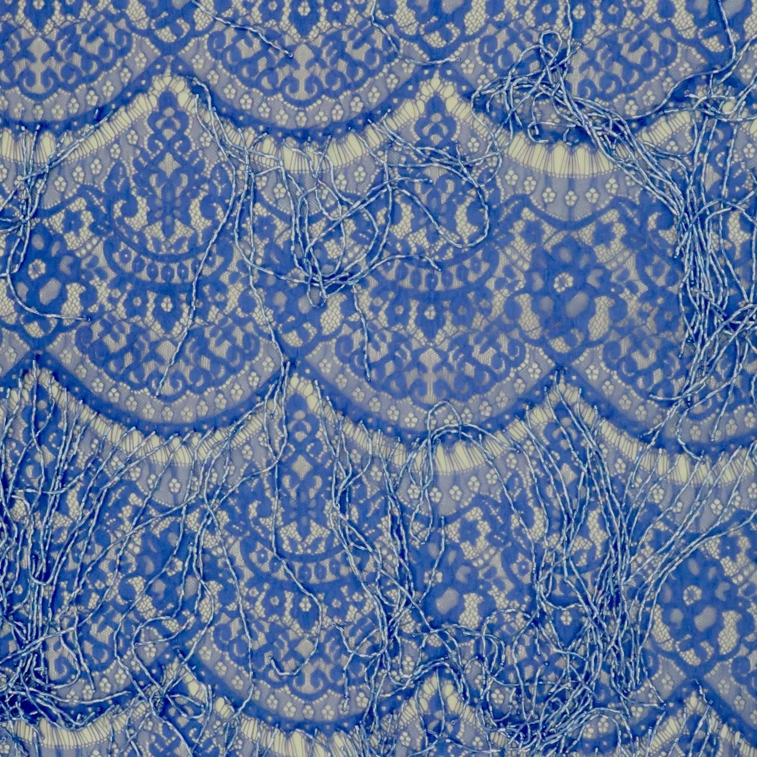 Blue Lace with Blue Bugle Beads Fringes Design Embroidered Fabric