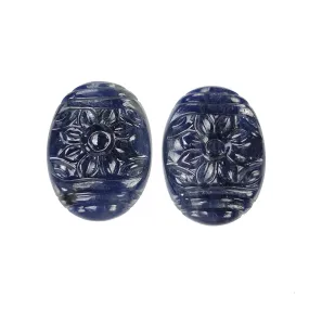 BLUE SAPPHIRE Gemstone Carving : 58.50cts Natural Untreated Unheated Sapphire Hand Carved Oval Shape 25*18mm Pair (With Video)