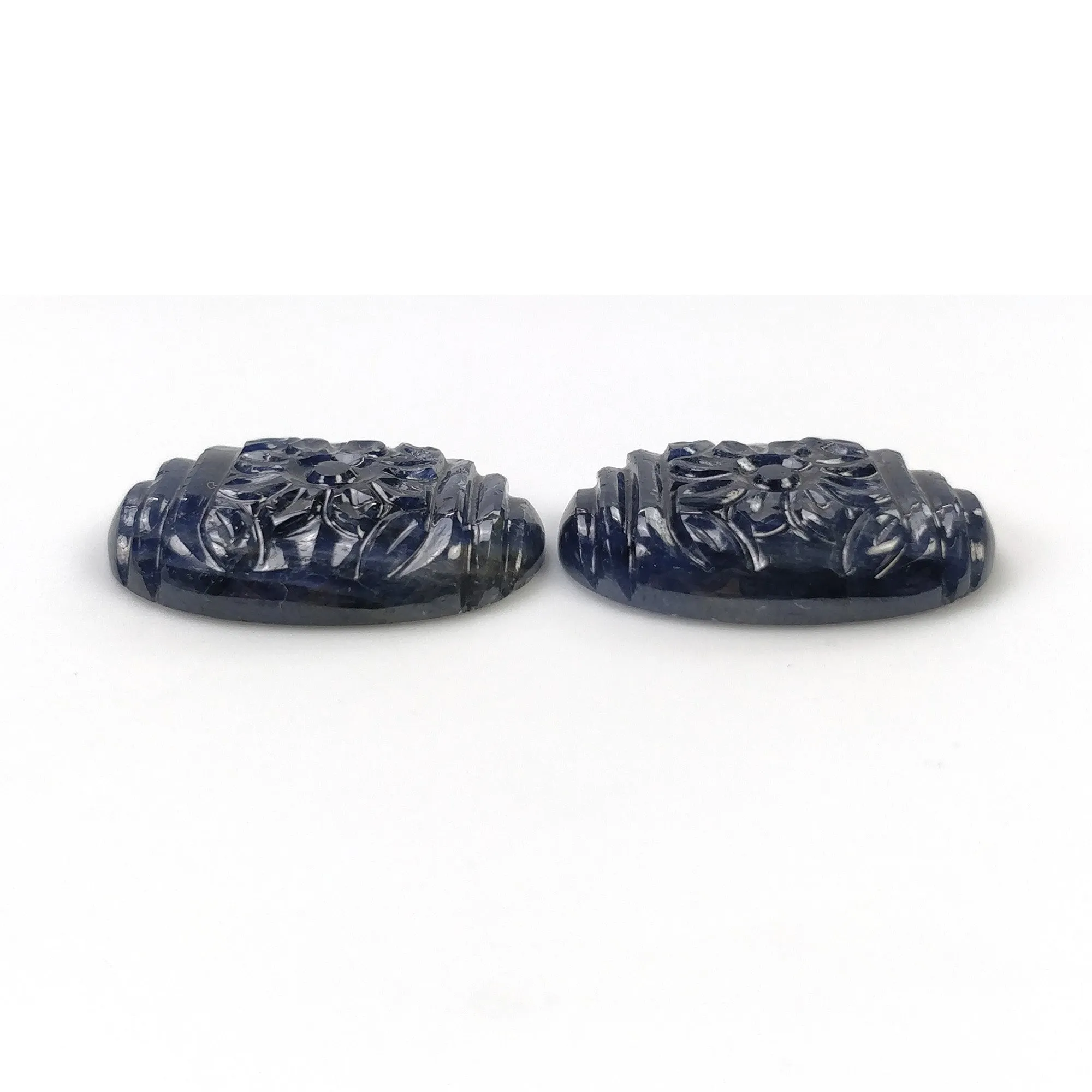 BLUE SAPPHIRE Gemstone Carving : 58.50cts Natural Untreated Unheated Sapphire Hand Carved Oval Shape 25*18mm Pair (With Video)