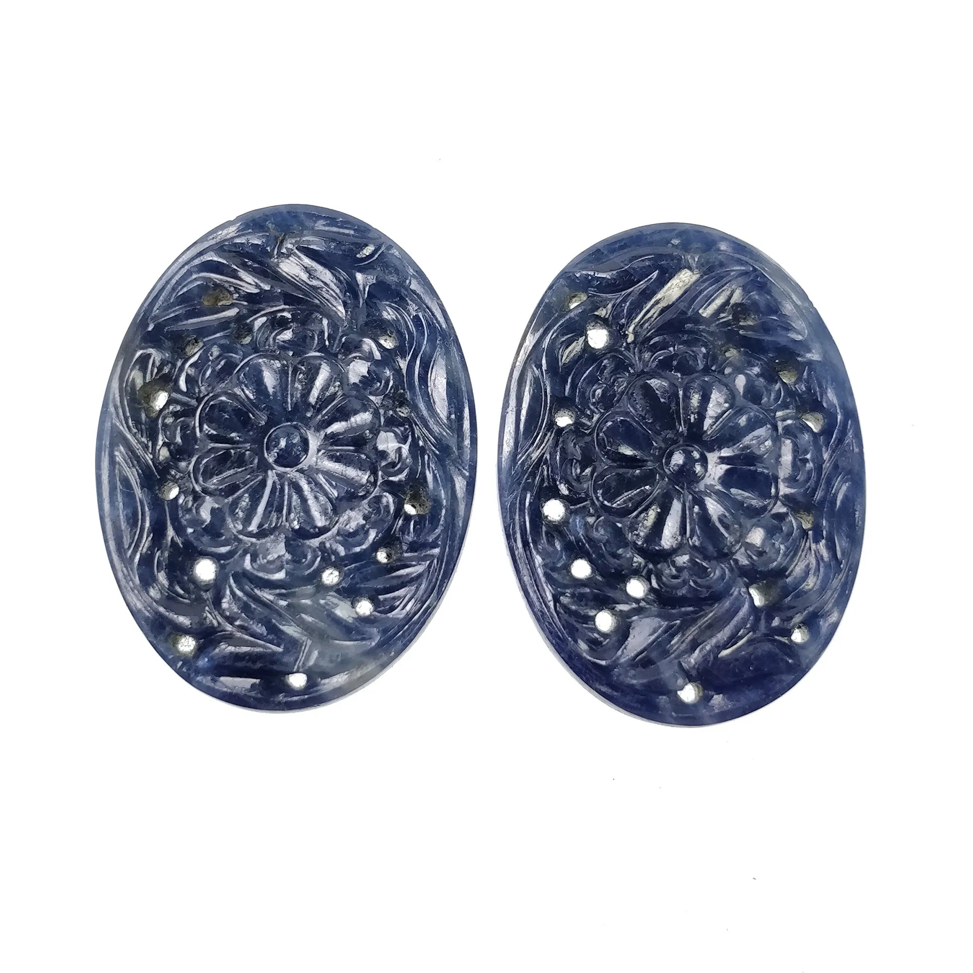 BLUE SAPPHIRE Gemstone Carving : 72.50cts Natural Untreated Unheated Sapphire Hand Carved Oval Shape 31*23mm Pair (With Video)