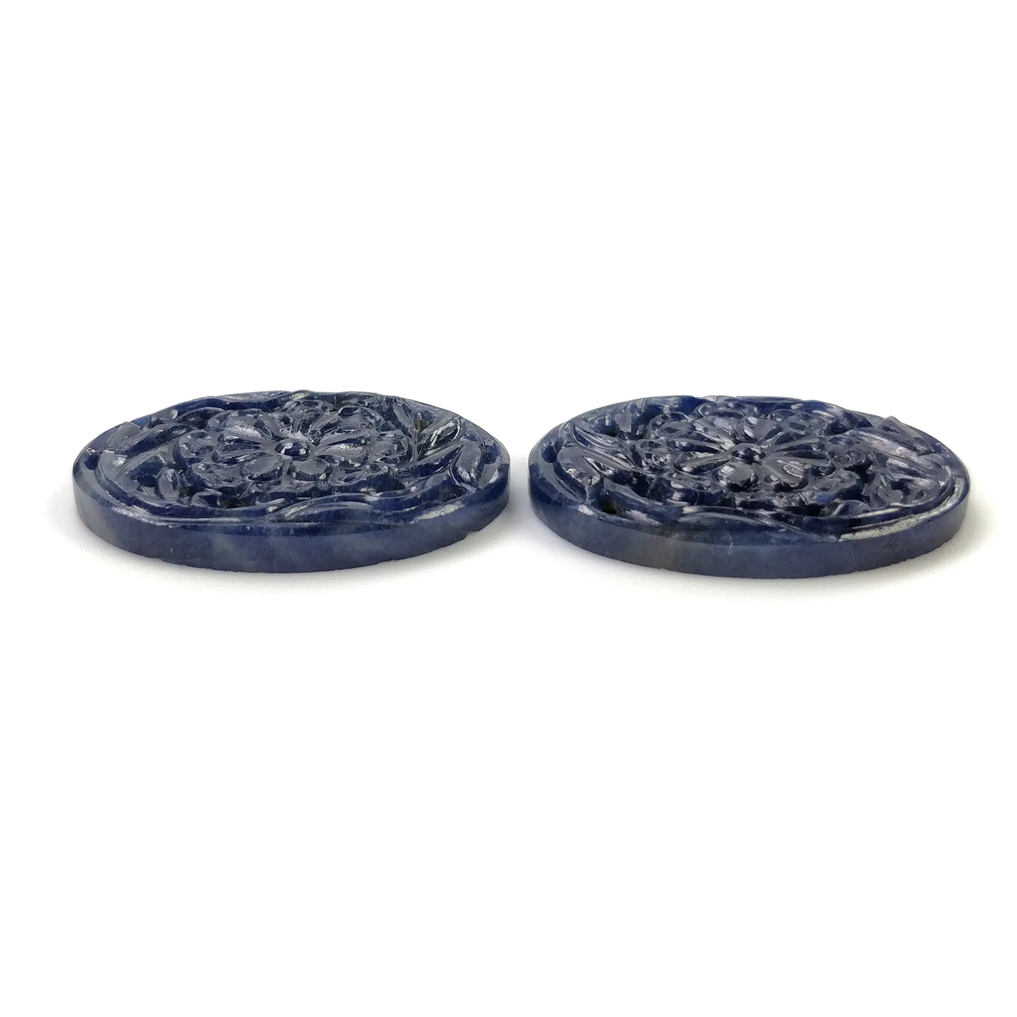 BLUE SAPPHIRE Gemstone Carving : 72.50cts Natural Untreated Unheated Sapphire Hand Carved Oval Shape 31*23mm Pair (With Video)