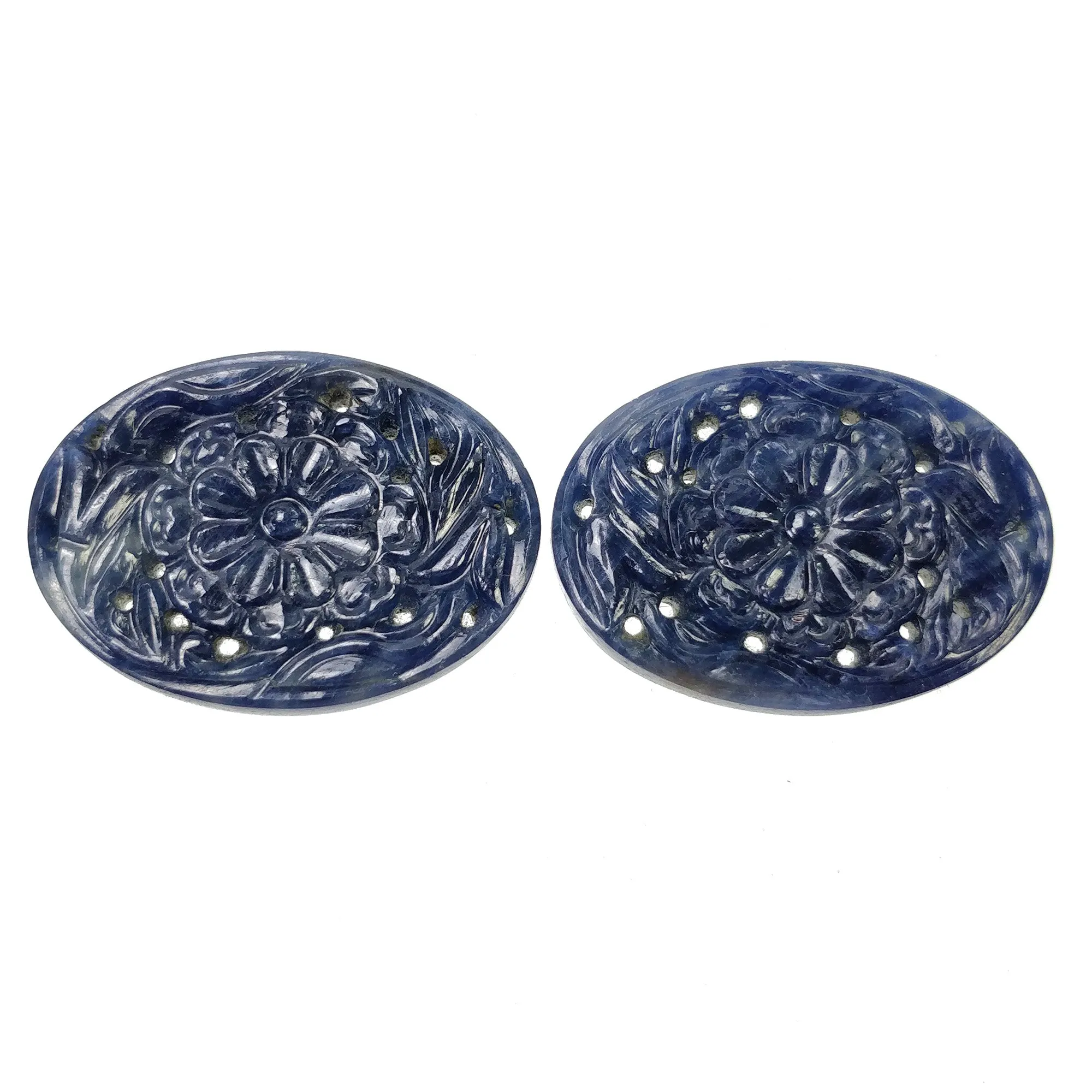 BLUE SAPPHIRE Gemstone Carving : 72.50cts Natural Untreated Unheated Sapphire Hand Carved Oval Shape 31*23mm Pair (With Video)