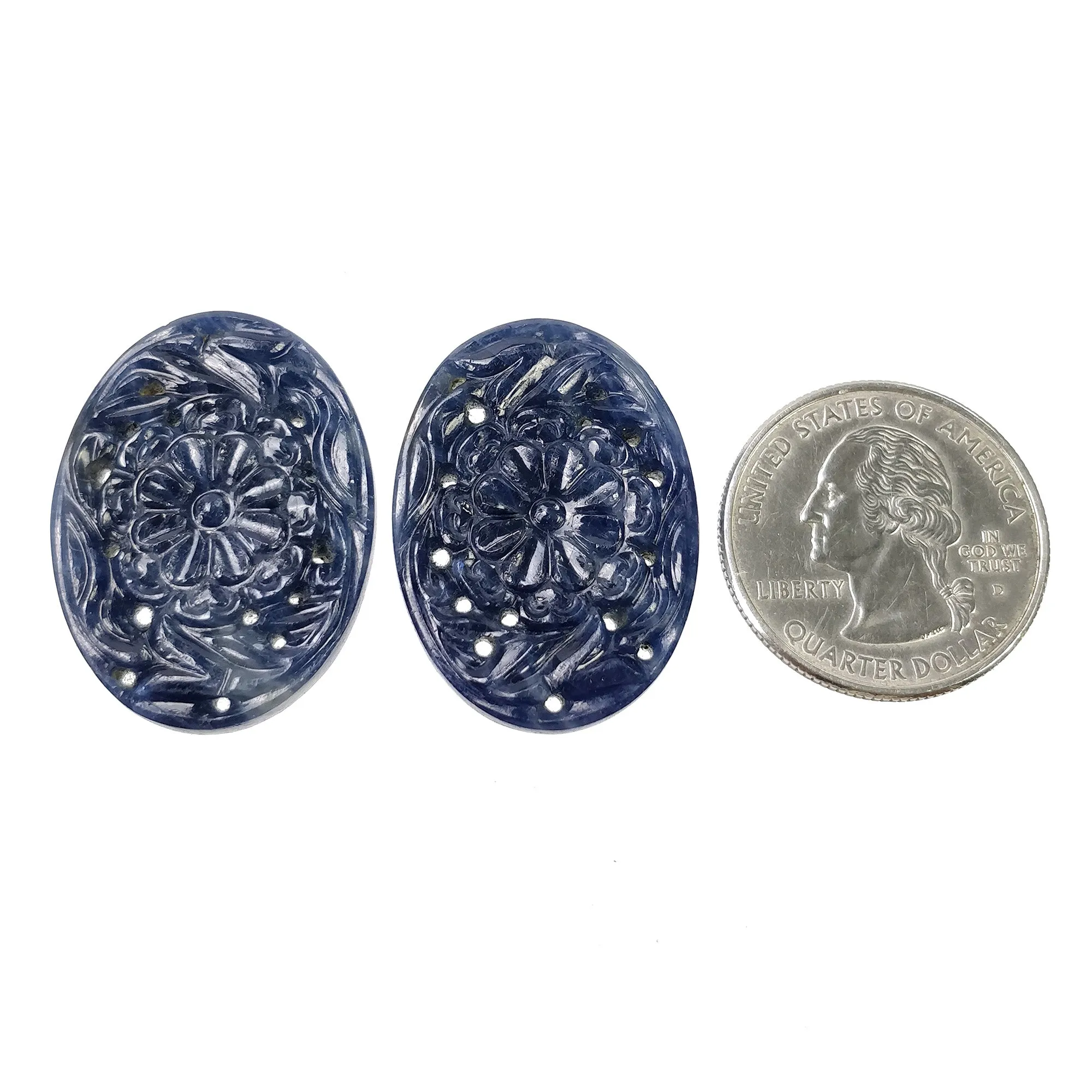 BLUE SAPPHIRE Gemstone Carving : 72.50cts Natural Untreated Unheated Sapphire Hand Carved Oval Shape 31*23mm Pair (With Video)