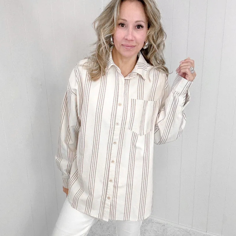 Boyfriend Beige Striped Button Down Long Sleeve Shirt