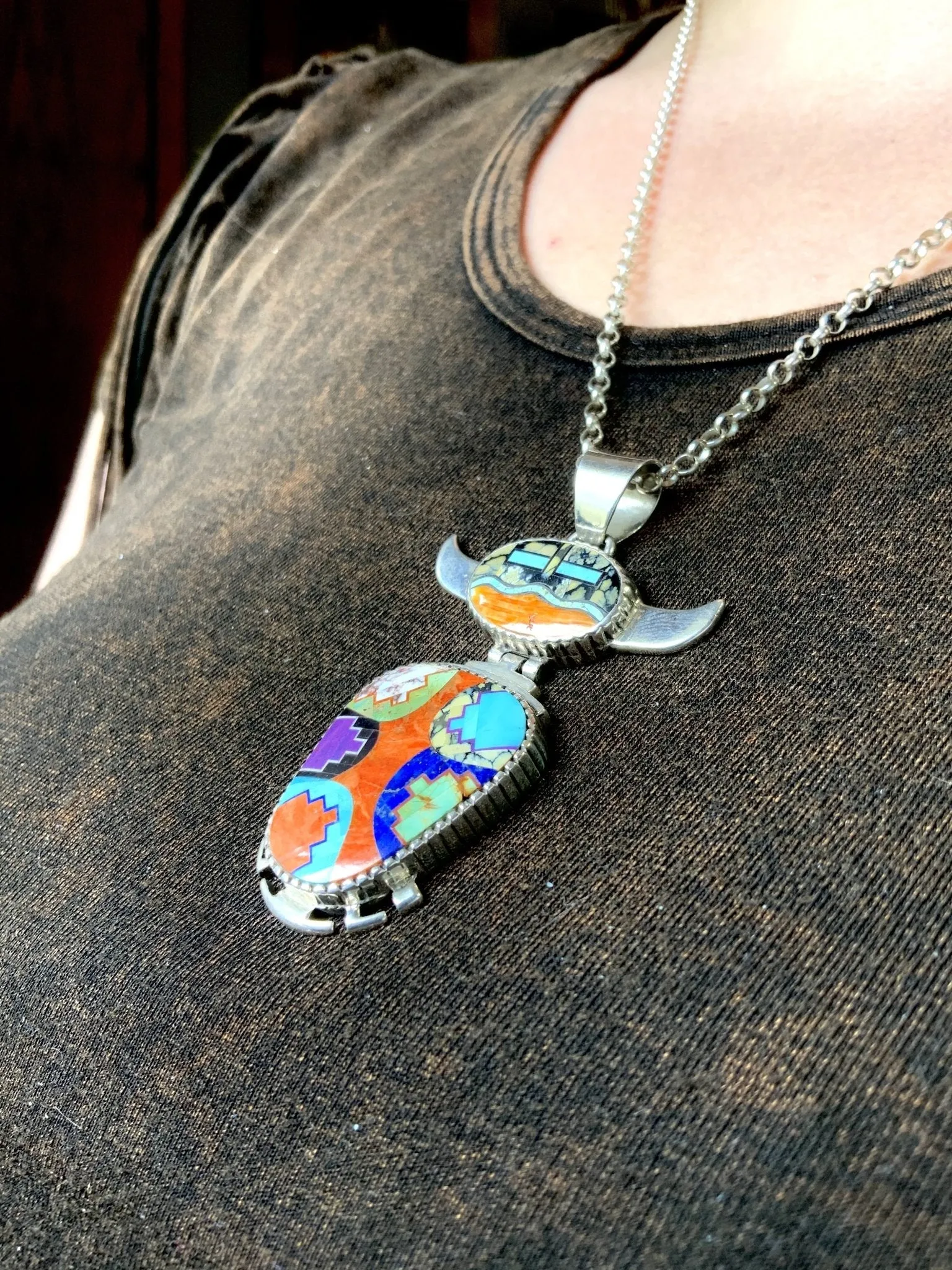 Buffalo Spirit ART Inlay Turquoise Pendant