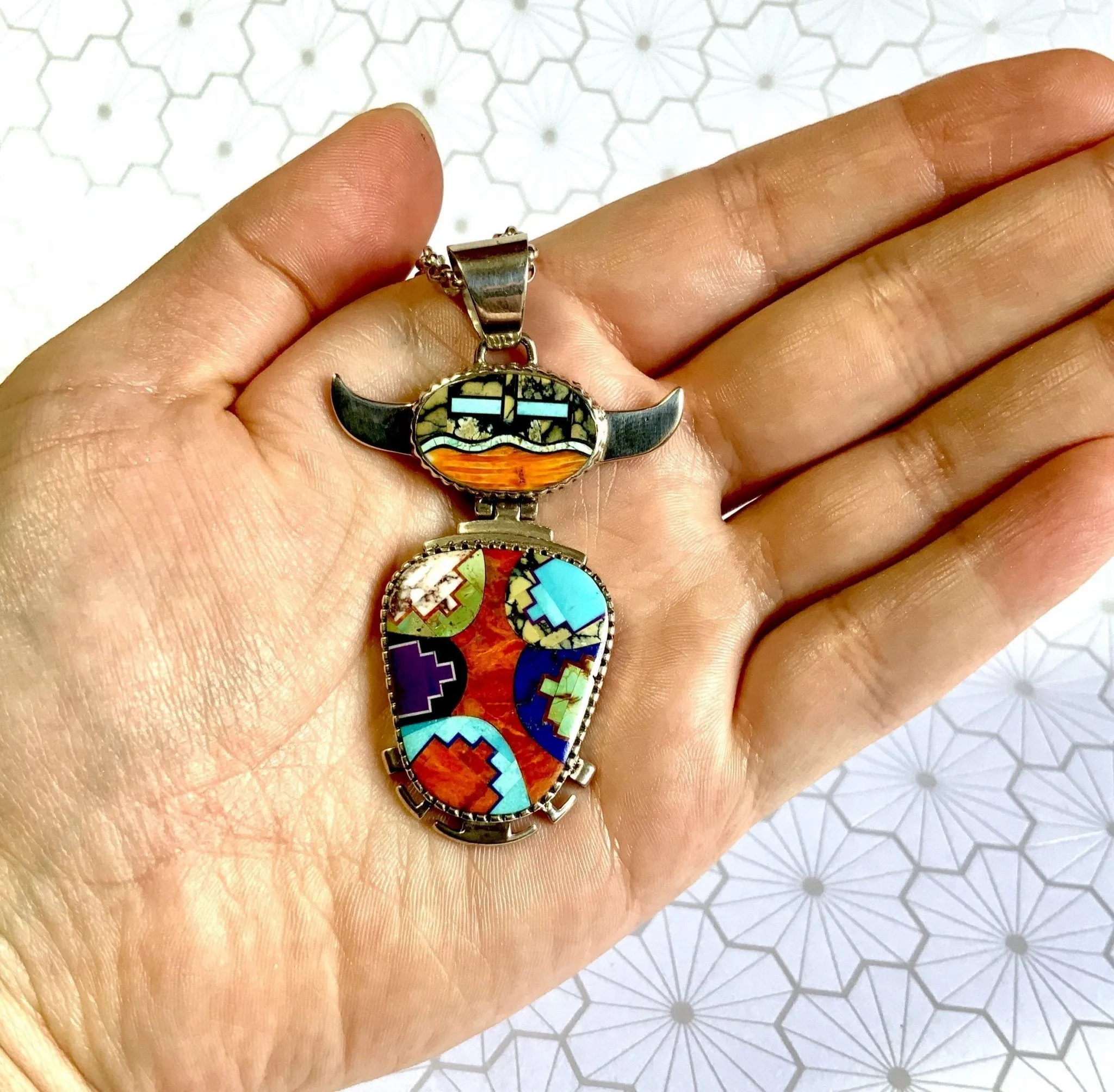 Buffalo Spirit ART Inlay Turquoise Pendant