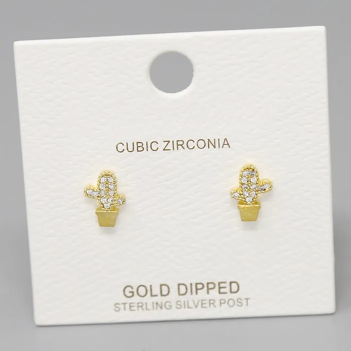 Cactus CZ Pave Gold Dipped Stud Earrings