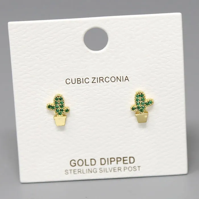 Cactus CZ Pave Gold Dipped Stud Earrings