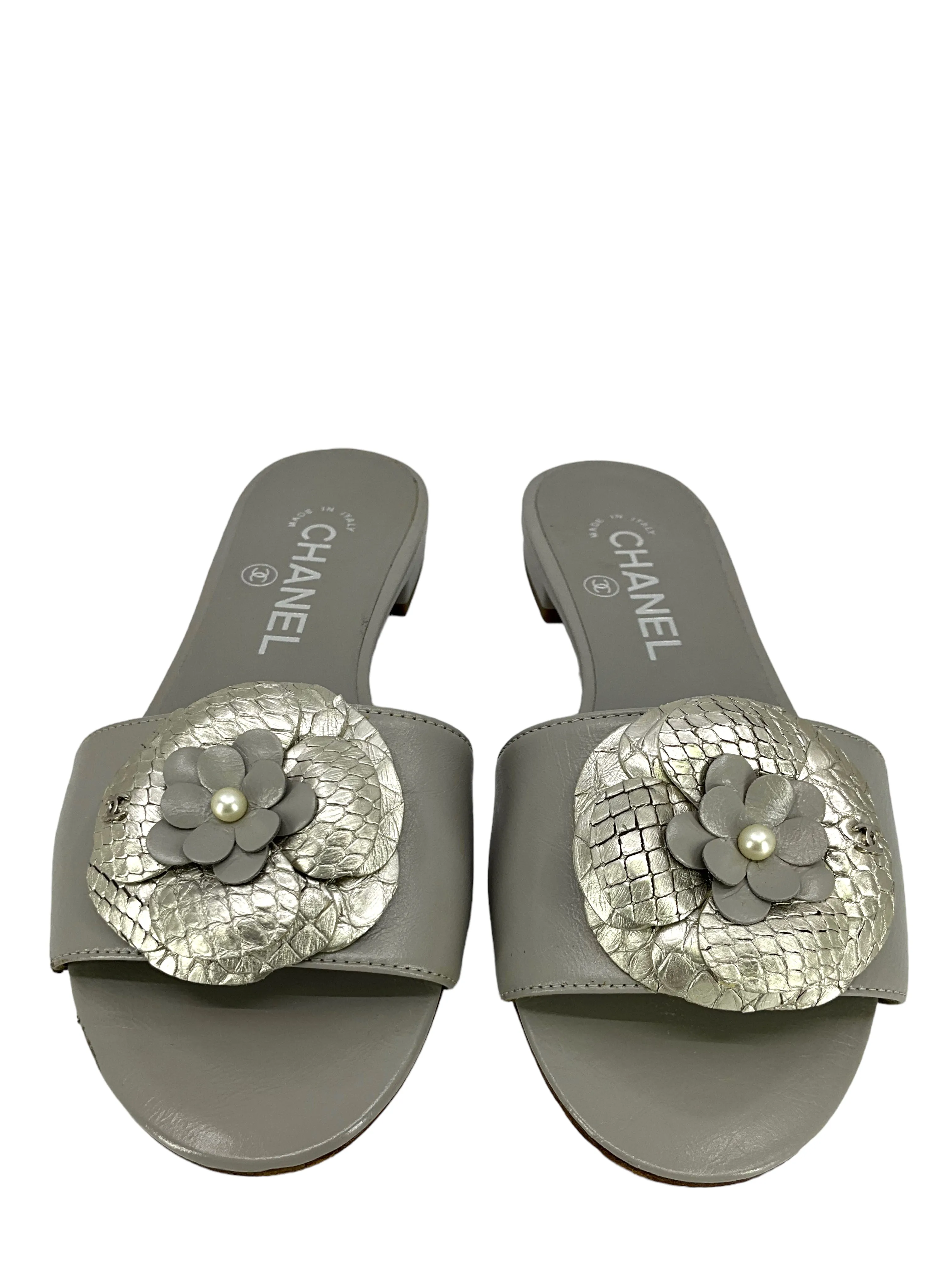 Chanel Leather Camellia Flower Flat Mule Sandals Size 5.5