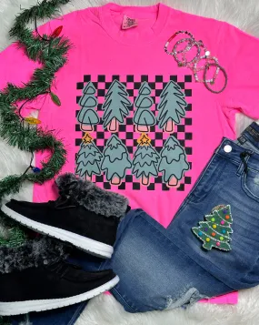 {CHECKERED CHRISTMAS TREES} Neon Pink Crew Neck Tee