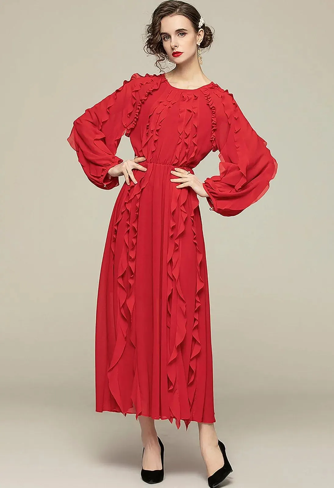 Chiffon Ruffled Long Sleeve Midi Dress