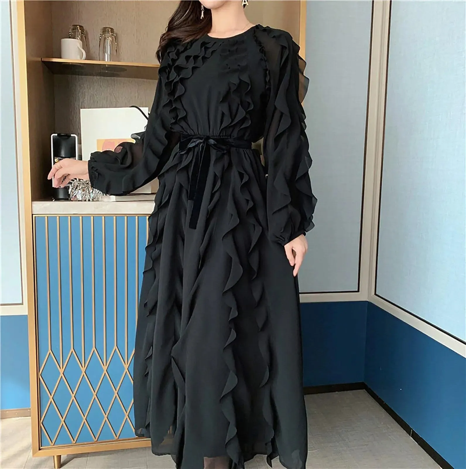 Chiffon Ruffled Long Sleeve Midi Dress