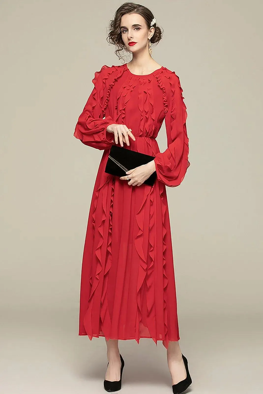 Chiffon Ruffled Long Sleeve Midi Dress