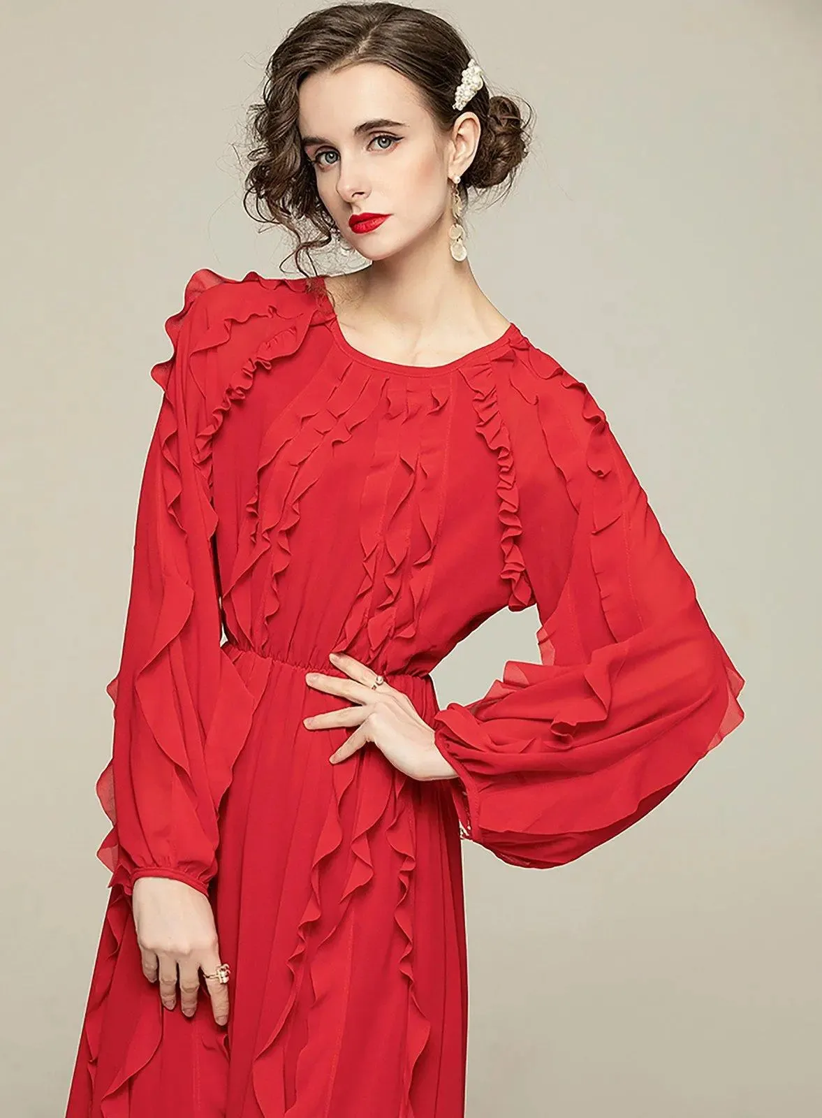 Chiffon Ruffled Long Sleeve Midi Dress