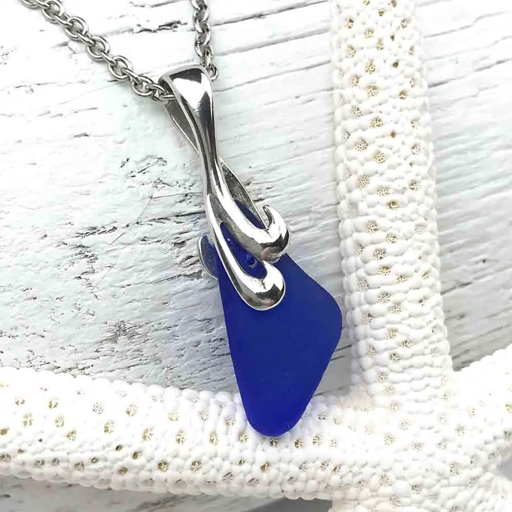 Cobalt Blue Sea Glass Pendant with Sea Swirl Bail | #1603