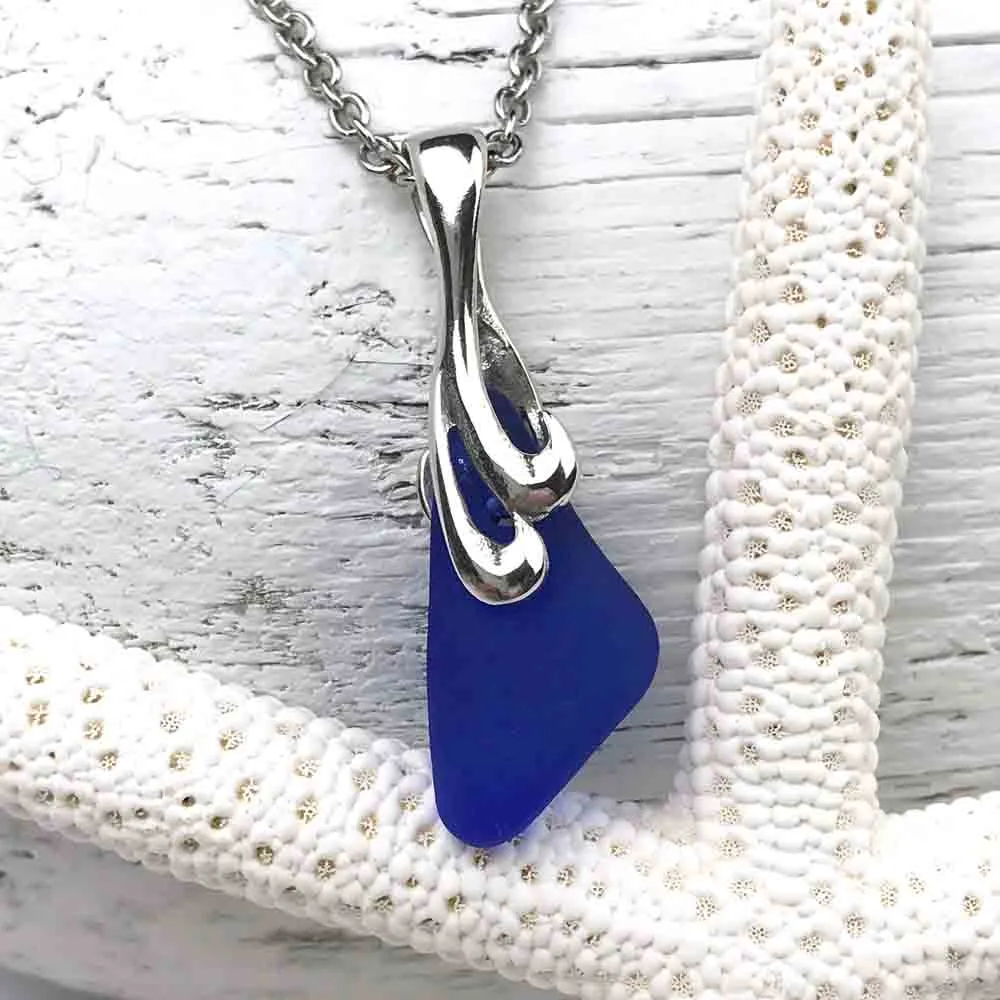 Cobalt Blue Sea Glass Pendant with Sea Swirl Bail | #1603