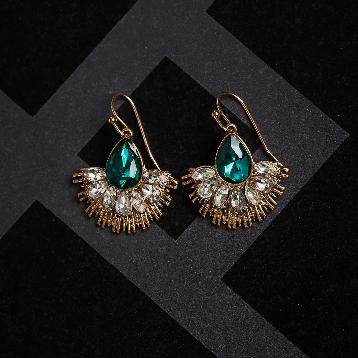 Crystal Fan Earrings: Emerald Green Crystal Fan Drop Earrings