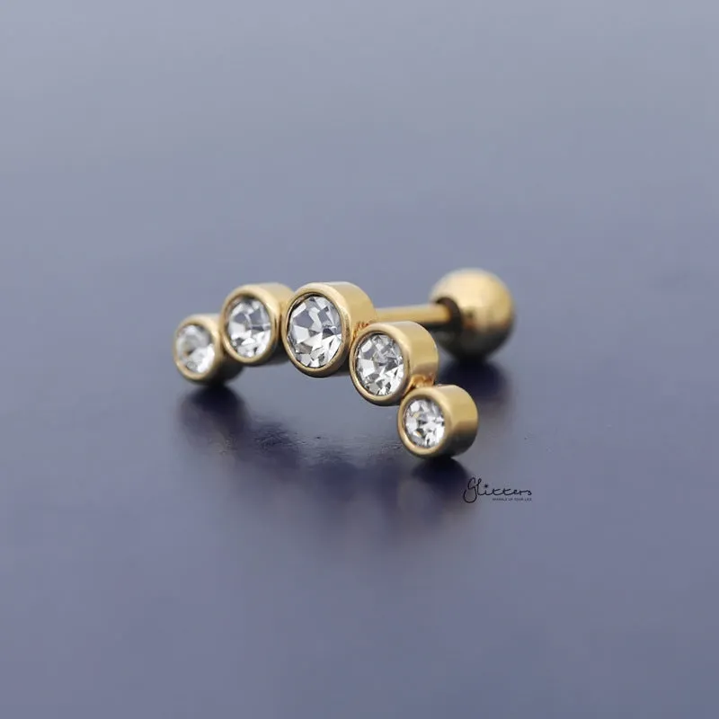 Curved 5 Round Crystals Top Cartilage Barbell Stud - Gold