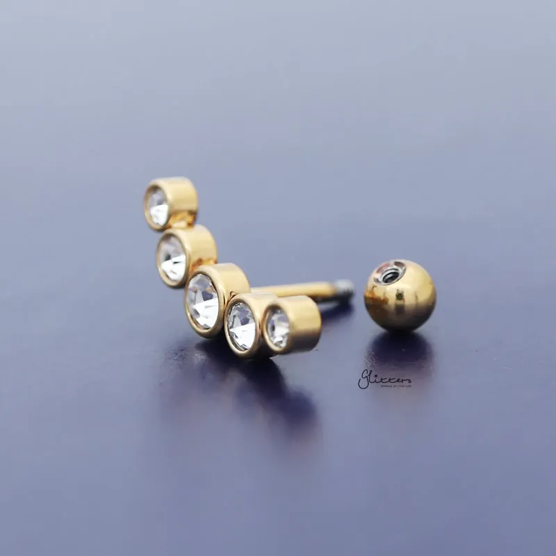 Curved 5 Round Crystals Top Cartilage Barbell Stud - Gold